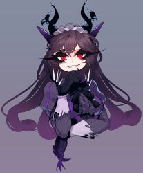 Rule 34 | 1girl, absurdres, arm under breasts, black bow, black eyeshadow, bow, breasts, claws, commission, demon girl, demon horns, dot nose, dress, eyebrows, eyelashes, eyeliner, eyeshadow, female focus, gothic lolita, grin, hand on own chin, hand up, highres, horns, lolita fashion, long hair, long sleeves, makeup, medium breasts, original, pale skin, puffy sleeves, purple background, purple dress, purple hair, red eyes, sachiko shirayuki, simple background, smile, smug, solo, spikes, teeth, upper teeth only