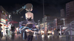 Rule 34 | 1girl, absurdres, airpods, belt collar, black skirt, black sleeves, black thighhighs, blue eyes, blue nails, blue ribbon, blurry, blurry background, bodhi wushushenghua, briefcase, brown hair, car, chinese commentary, city, collar, commentary request, detached sleeves, faceless, faceless female, from behind, glasses, glowing, glowing eyes, hair ornament, hair ribbon, hairclip, highres, holding, holding briefcase, holding umbrella, long hair, looking back, motor vehicle, night, original, outdoors, pleated skirt, ponytail, rain, ribbon, shoulder blades, sidelocks, sideways glance, skirt, sky, solo focus, thighhighs, traffic, umbrella, wireless earphones