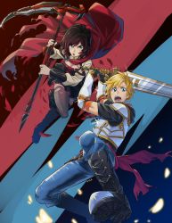 Rule 34 | 1boy, 1girl, armor, belt, black hair, blonde hair, blue eyes, boots, breasts, cape, cleavage, corset, denim, dress, elbow gloves, full body, gloves, green eyes, highres, jaune arc, jeans, long sleeves, looking at viewer, mikkusushi, multicolored hair, open mouth, pants, pantyhose, petals, red cape, red hair, ruby rose, rwby, scythe, short sleeves, sparkle, streaked hair, sword, thighhighs, torn clothes, torn legwear, vambraces, weapon