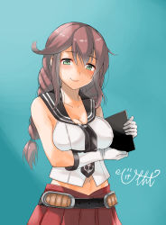 Rule 34 | 1girl, bare shoulders, blue background, blush, braid, breasts, brown hair, cannon, cleavage, clipboard, collarbone, eyes visible through hair, gloves, graphite (medium), green eyes, hair between eyes, higeno shinshi, kantai collection, looking at viewer, mechanical pencil, navel, noshiro (kancolle), pencil, sidelocks, signature, skirt, smile, solo, traditional media, twin braids