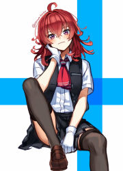 Rule 34 | 10s, 1girl, ahoge, arashi (kancolle), blush, gloves, hand on own cheek, hand on own face, highres, kantai collection, kerchief, looking at viewer, messy hair, pleated skirt, red eyes, red hair, ryuuki (hydrangea), school uniform, sitting, skirt, smile, solo, thighhighs, vest, white gloves