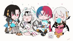 Rule 34 | 2boys, 2girls, :d, alear (fire emblem), alear (male) (fire emblem), black hair, blue hair, brother and sister, chibi, closed eyes, dress, eating, feather hair ornament, feathers, fire emblem, fire emblem engage, hair ornament, highres, holding, jewelry, long hair, multicolored hair, multiple boys, multiple girls, necklace, nel (fire emblem), nil (fire emblem), nintendo, open mouth, red eyes, red hair, sasaki (dkenpisss), short hair, siblings, sitting, smile, sommie (fire emblem), two-tone hair, very long hair, veyle (fire emblem), white background, white hair