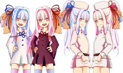 Rule 34 | 4girls, at2., blue hair, blunt bangs, blush, chef, chef hat, closed mouth, fang, hands on own hips, hat, kotonoha akane, kotonoha aoi, long hair, looking at viewer, multiple girls, open mouth, pink hair, red eyes, smile, teeth, upper teeth only, voiceroid, white headwear
