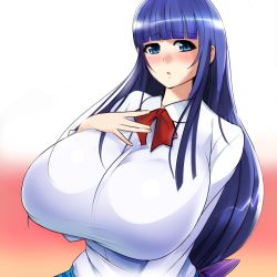 Rule 34 | 1girl, artist request, blue eyes, blue hair, blush, breasts, fuutou shizune, gigantic breasts, long hair, open mouth, oshioki sweetie, solo