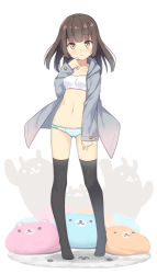 Rule 34 | 1girl, black thighhighs, bra, breasts, brown eyes, brown hair, closed mouth, collarbone, full body, gluteal fold, grey jacket, groin, hand up, hatsunatsu, hood, hood down, hooded jacket, jacket, long hair, long sleeves, looking at viewer, navel, no shoes, open clothes, open jacket, original, panties, sleeves past wrists, small breasts, smile, solo, standing, striped clothes, striped panties, thighhighs, underwear, white background, white bra