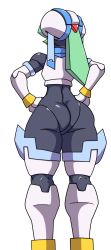 Rule 34 | 1girl, absurdres, armor, artist request, ass, bodysuit, capcom, elbow gloves, from behind, gloves, green hair, hands on own hips, helmet, highres, huge ass, long hair, mega man (series), mega man zx, pandora (mega man), shiny clothes, skin tight, solo, thick thighs, thighhighs, thighs