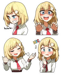 Rule 34 | 1girl, blonde hair, blue eyes, blush, ddolbang, hair ornament, highres, hololive, hololive english, looking at viewer, necktie, open mouth, shaded face, shirt, short hair, smile, virtual youtuber, watson amelia, white shirt