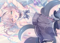 Rule 34 | 1girl, aqua eyes, artist request, blue ribbon, breasts, heterochromia, highres, indie virtual youtuber, light purple hair, long hair, looking at viewer, lying, monocle, mouth hold, on back, pacifier, purple eyes, ribbon, shirt, skirt, sleeveless, sleeveless shirt, small breasts, solo, stylus, tentacles, umiushi kanata, virtual youtuber, white shirt