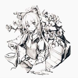 Rule 34 | 1girl, absurdres, animal, bird, bow, cherry blossoms, closed mouth, dated, detached sleeves, flower, from above, greyscale, hair bow, hakurei reimu, hand up, hatching (texture), highres, holding, linear hatching, long hair, looking at viewer, midriff, monochrome, navel, ribbon-trimmed sleeves, ribbon trim, shirt, simple background, sitting, sketch, sleeveless, sleeveless shirt, smile, solo, touhou, white background, ya17033999