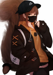 Rule 34 | 1girl, acorn, animal ears, baseball cap, black hat, black jacket, black shorts, black thighhighs, brown eyes, brown hair, covered mouth, hair between eyes, hand in pocket, hand up, hat, highres, holding, jacket, long hair, long sleeves, looking at viewer, mask, mouth mask, open clothes, open jacket, orange shirt, original, shimmer, shirt, short shorts, shorts, simple background, sleeves past wrists, solo, squirrel ears, squirrel girl, squirrel tail, tail, thighhighs, white background