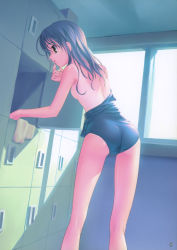 Rule 34 | 1girl, absurdres, ass, back, bad anatomy, bad proportions, breasts, clothes pull, green eyes, highres, locker, locker room, long hair, one-piece swimsuit, one-piece swimsuit pull, one-piece tan, original, poorly drawn, school swimsuit, small breasts, solo, swimsuit, takoyaki (roast), tan, tanline, topless, trefoil, undressing, window
