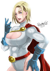 Rule 34 | 1girl, :d, abs, aiguillette, animification, artist name, belt, belt skirt, biceps, blonde hair, blue eyes, blue gloves, breasts, bursting breasts, butcha-u, cape, cleavage, cleavage cutout, clothing cutout, cowboy shot, dated, dc comics, female focus, from side, gloves, groin, hand on own hip, hand on own thigh, hand up, highleg, highleg leotard, kryptonian, large breasts, leotard, lips, looking at viewer, muscular, muscular female, open mouth, power girl, red cape, short hair, signature, simple background, smile, solo, superhero costume, superman (series), toned, turtleneck, white background