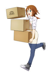 Rule 34 | 1girl, apron, blush, box, carrying, female focus, full body, green eyes, open mouth, original, ponytail, sabo (fuya 2), shoes, short hair, simple background, sneakers, solo, uniform, white background