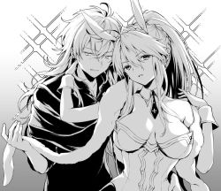Rule 34 | 1boy, 1girl, ahoge, animal ears, artoria pendragon (all), artoria pendragon (fate), artoria pendragon (swimsuit ruler) (fate), bare shoulders, braid, breasts, cleavage, clothing cutout, collared shirt, detached collar, earrings, fake animal ears, fate/grand order, fate (series), feather boa, french braid, greyscale, hair between eyes, highleg, highleg leotard, jewelry, large breasts, leotard, long hair, long sleeves, looking at viewer, looking to the side, merlin (camelot &amp; co) (fate), merlin (fate), monochrome, navel, navel cutout, necktie, pantyhose, playboy bunny, ponytail, rabbit ears, scarf, shirt, sidelocks, sparkle, tiara, very long hair, vivi (eve no hakoniwa), wrist cuffs