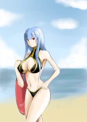 Rule 34 | 00s, 1girl, bare shoulders, beach, bikini, blue hair, breasts, center opening, choker, cleavage, cleavage cutout, clothing cutout, covered erect nipples, female focus, halterneck, halterneck, highres, huge breasts, long hair, outdoors, red eyes, selvaria bles, senjou no valkyria (series), senjou no valkyria 1, sky, solo, swimsuit, water, yuuge ningen