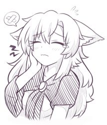 Rule 34 | 1girl, :t, ^ ^, animal ear fluff, animal ears, blush, brooch, closed eyes, collarbone, commentary request, dress, closed eyes, flying sweatdrops, greyscale, hair between eyes, hand on own cheek, hand on own face, hand up, imaizumi kagerou, jewelry, long hair, long sleeves, monochrome, simple background, solo, speech bubble, tears, toothache, touhou, upper body, wavy mouth, white background, wide sleeves, wolf ears, wool (miwol)
