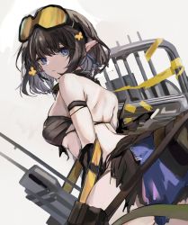 Rule 34 | 1girl, arknights, black hair, blue eyes, breasts, eunectes (arknights), from behind, goggles, goggles on head, grey background, hair ornament, highres, looking at viewer, looking back, medium breasts, pointy ears, pouch, qls, shield, short hair, simple background, solo, tail, thigh pouch, thigh strap, thighs, vambraces