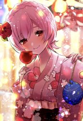 Rule 34 | 1girl, assault lily, bad id, bad twitter id, bag, blurry, blurry background, blurry foreground, braid, breasts, candy apple, closed mouth, commentary, crown braid, depth of field, festival, floral print, flower, flower (symbol), food, frilled kimono, frills, hair between eyes, hair flower, hair ornament, hands up, head tilt, highres, hitotsuyanagi riri, holding, holding bag, holding food, japanese clothes, kikikaikai (kikikaikai chan), kimono, kinchaku, lantern, light particles, long sleeves, looking at viewer, medium breasts, night, obi, official alternate costume, official alternate hairstyle, outdoors, paper lantern, pink hair, pink kimono, pouch, print kimono, red eyes, red flower, sash, short hair, single braid, sleeves past wrists, smile, solo, summer festival, upper body, wide sleeves