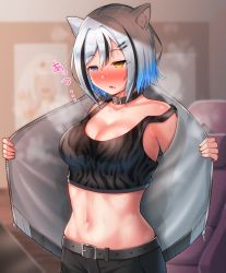 Rule 34 | 1girl, animal collar, animal ears, belt, black belt, black hair, blue eyes, blue hair, blush, breasts, cleavage, collar, collarbone, cottage project, hair between eyes, hair ornament, hairclip, half-closed eyes, heterochromia, highres, indoors, large breasts, midriff, multicolored hair, navel, nekojima, nose blush, open clothes, open mouth, opened by self, short hair, solo, sports bra, steaming body, stomach, sweat, tail, tiger tail, virtual youtuber, wet, wet bra, wet clothes, white hair, yellow eyes, yukine kohaku