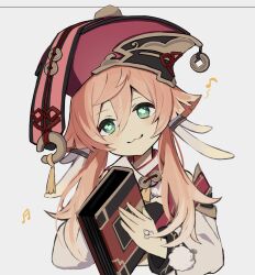 Rule 34 | 1girl, :3, book, closed mouth, coin, coin hat ornament, detached sleeves, eighth note, genshin impact, green eyes, grey background, hat, hat ornament, head tilt, highres, holding, holding book, horns, long hair, long sleeves, looking at viewer, merry-san, musical note, pink hair, red hat, scales, scarf, simple background, solo, upper body, yanfei (genshin impact)