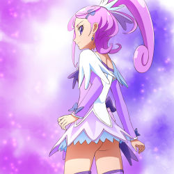 Rule 34 | 1girl, arm warmers, ass, asymmetrical clothes, bad id, bad pixiv id, choker, cure sword, curly hair, detached sleeves, dokidoki! precure, dress, earrings, eyelashes, hair ornament, hairclip, half updo, highres, jewelry, kenzaki makoto, magical girl, mont blanc (heartcatch ayaya), no panties, ponytail, precure, purple background, purple dress, purple eyes, purple hair, purple legwear, purple skirt, purple theme, ribbon, serious, short hair, skirt, solo, standing