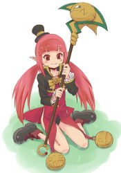 Rule 34 | 1girl, blunt bangs, blush stickers, collarbone, commentary request, dungeon and fighter, fang, female mage (dungeon and fighter), full body, hat, holding, holding staff, long hair, looking at viewer, mage (dungeon and fighter), mini hat, mini top hat, no pants, pointy ears, red eyes, red hair, shoes, simple background, smile, solo, staff, top hat, twintails, very long hair, white background, yukino koreyuki