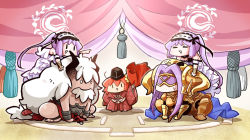 Rule 34 | 1boy, 4girls, alternate costume, armor, armored boots, asterios (fate), belt, blindfold, boots, bull, chain, chaldea logo, choker, cloak, curtains, dress, euryale (fate), eyebrows, fate/grand order, fate (series), frilled choker, frilled dress, frilled hairband, frilled sleeves, frills, fujimaru ritsuka (female), gauntlets, hair between eyes, hairband, hat, headdress, horns, japanese clothes, lolita hairband, long hair, medusa (armed gorgon) (fate), medusa (fate), medusa (rider) (fate), multiple girls, official alternate costume, ono-yuzi, open mouth, orange hair, pauldrons, pointing, purple cloak, purple hair, ribbon-trimmed hairband, shoulder armor, siblings, sisters, smile, squatting, stheno (fate), sumo, sweatdrop, toes, topless male, twins, twintails, very long hair, white dress, white hair