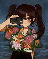 Rule 34 | 1girl, alternate costume, animal print, black skirt, blush, buttons, cellphone, collared shirt, commentary request, contemporary, fish print, floral print, green shirt, hawaiian shirt, hell0120, highres, himekaidou hatate, holding, holding phone, long hair, looking at viewer, one eye covered, phone, pointy ears, purple eyes, purple hair, satellite phone, shirt, shirt tucked in, short sleeves, skirt, smile, solo, touhou, twintails, upper body