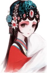 Rule 34 | 1girl, black hair, chinese clothes, deemo, expressionless, flower, girl (deemo), grey eyes, hair flower, hair ornament, highres, hua sui yue (deemo), japanese clothes, kimono, long hair, looking at viewer, makeup, pale skin, shokujin hatefukuchuu, solo
