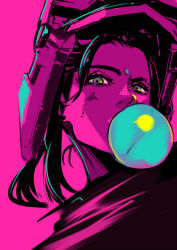 Rule 34 | 1girl, apex legends, blowing bubbles, chewing gum, chromatic aberration, facial mark, forehead mark, grey eyes, highres, limited palette, looking at viewer, pink background, pink theme, pokimari, portrait, rampart (apex legends), simple background, solo, spot color