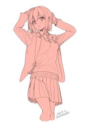 Rule 34 | 1girl, arms up, blazer, blush, bob cut, bow, bowtie, collared shirt, hands up, highres, jacket, long sleeves, looking at viewer, monochrome, original, parted lips, pleated skirt, school uniform, shirt, short hair, signature, simple background, skirt, solo, standing, unasaka ryou, white background