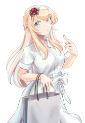 Rule 34 | 1girl, bag, blonde hair, blue eyes, braid, commentary request, cowboy shot, dress, french braid, hairband, kantai collection, long hair, looking at viewer, official alternate costume, shopping bag, simple background, smile, solo, tsukasa (tukasa br), warspite (kancolle), white background, white dress, white hairband