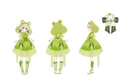 Rule 34 | 1girl, :d, absurdres, animal costume, bare arms, bcy, boots, bow, character sheet, clover hair ornament, clover print, collared shirt, dress, dress bow, flower bracelet, frog costume, frog hair ornament, frog raincoat, full body, green bow, green dress, green footwear, grey hair, hair ornament, highres, hood, hood up, huhu, knee boots, low twintails, multiple views, open mouth, overall skirt, red eyes, ruan miemie, rubber boots, shirt, short dress, short sleeves, smile, standing, transparent raincoat, turnaround, twintails, white background, white shirt, xialuo yingling