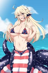 Rule 34 | absurdres, alternate body size, american flag, american flag print, beach, bikini, blonde hair, blue eyes, breasts, cleavage, commission, commissioner upload, confederate flag, confederate flag bikini, confederate states of america, fang, flag print, hair between eyes, highres, iowa (kancolle), jewelry, kantai collection, lamia, large breasts, lindaroze, long hair, looking at viewer, monster girl, monster musume no iru nichijou, ring, scales, smile, solo, star-shaped pupils, star (symbol), swimsuit, symbol-shaped pupils, wedding band, wedding ring