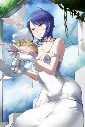 Rule 34 | 10s, 1girl, bare shoulders, bird, blue hair, bouquet, breasts, cleavage, commentary request, dress, flower, gloves, holding, holding bouquet, idolmaster, idolmaster cinderella girls, jewelry, pigeon, rerere, short hair, smile, solo, wakui rumi, wedding dress, white gloves, yellow eyes