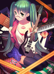Rule 34 | 1girl, amplifier, bespectacled, earrings, electric guitar, fiodo, glasses, green eyes, green hair, green nails, guitar, hatsune miku, headphones, highres, instrument, jewelry, keyboard (instrument), long hair, matching hair/eyes, nail polish, seiza, shiny skin, sitting, skindentation, skirt, solo, tattoo, twintails, very long hair, vocaloid