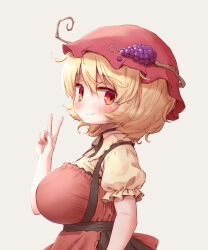 Rule 34 | 1girl, aki minoriko, apron, arinu, black skirt, blonde hair, blush, breasts, closed mouth, fingernails, frilled sleeves, frills, from side, fruit hat ornament, grape hat ornament, grey background, hat, hat ornament, highres, large breasts, looking at viewer, mob cap, red apron, red eyes, red hat, shirt, short hair, short sleeves, simple background, skirt, smile, solo, touhou, v, yellow shirt