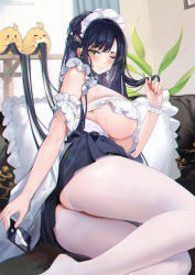 Rule 34 | 1girl, 504 gateway, absurdres, ass, azur lane, black skirt, blush, breasts, couch, frills, green eyes, hair between eyes, highres, holding, holding phone, huge breasts, indomitable (ms. motivationless maid) (azur lane), long hair, looking at viewer, lying, maid, maid headdress, manjuu (azur lane), official alternate costume, on side, one eye closed, pantyhose, phone, skirt, solo, steam, taking picture, underboob, very long hair, white pantyhose