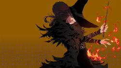 Rule 34 | 1girl, black hair, blue eyes, brown background, demon&#039;s souls, fire, hat, highres, long hair, long sleeves, looking at viewer, magic, simple background, wand, witch, witch hat, yuria the witch