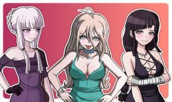 Rule 34 | 3girls, a beautiful man (middinos), alternate costume, alternate hairstyle, antenna hair, bag, bandaged arm, bandages, bare arms, bare shoulders, black dress, black gloves, blonde hair, border, bracelet, breasts, brown bag, choker, cleavage, closed mouth, collarbone, danganronpa: trigger happy havoc, danganronpa (series), danganronpa 2: goodbye despair, danganronpa v3: killing harmony, dress, earrings, gloves, gradient background, green dress, grey eyes, grey hair, hair between eyes, highres, iruma miu, jewelry, kirigiri kyoko, large breasts, long hair, looking at another, medium breasts, mole, mole under eye, multiple girls, necklace, pink eyes, red background, shoulder bag, single bare shoulder, smile, tongue, tongue out, tsumiki mikan, white border, white choker