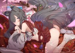 Rule 34 | 1girl, animal ears, ass, bare shoulders, black hair, blue eyes, blush, breasts, crop top, day, detached sleeves, fox ears, fox girl, fox shadow puppet, fox tail, from side, grin, hair over one eye, hakama, hakama skirt, japanese clothes, jewelry, long hair, long sleeves, looking at viewer, looking to the side, lying, medium breasts, nail polish, no panties, nose blush, on stomach, original, parted lips, petals, pink nails, red hakama, red sailor collar, ring, sailor collar, skirt, smile, socks, solo, sparkle, spread legs, tail, tajima ryuushi, underboob, white socks