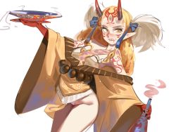Rule 34 | 1girl, arm tattoo, blonde hair, bloop (archives), blush, bottle, colored skin, cup, drunk, facial mark, fang, fang out, fate/grand order, fate (series), fingernails, flat chest, forehead, forehead mark, horns, ibaraki douji (fate), japanese clothes, kimono, multicolored skin, nose, nose blush, oni, oni horns, open clothes, open kimono, panties, pantyshot, pixiv fate/grand order contest 1, pointy ears, red skin, sakazuki, sharp fingernails, solo, spilling, standing, tattoo, two-tone skin, underwear, whisker markings, wide sleeves, yellow eyes, yellow kimono