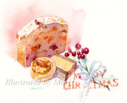 Rule 34 | bread, cake, cake slice, christmas, commentary request, food, food focus, marine-island, merry christmas, no humans, original, painting (medium), pastry, traditional media, watercolor (medium)