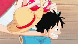 Rule 34 | 1boy, 1girl, animated, animated gif, bare shoulders, bikini, bikini top only, black eyes, black hair, bracelet, breasts, cleavage, clenched teeth, denim, earrings, fishman island, groin, hat, jeans, jewelry, large breasts, legs, long hair, lowres, monkey d. luffy, nami (one piece), navel, one piece, open mouth, orange hair, pants, punk hazard, red bikini, short hair, standing, straw hat, surprised, swimsuit, talking, tattoo, teeth, thighs, thousand sunny, twintails