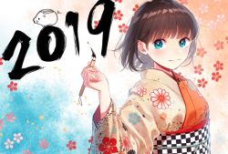 Rule 34 | 1girl, 2019, blue eyes, blush, boar, brown hair, calligraphy brush, closed mouth, commentary request, floral background, floral print, from side, hami yura, holding, holding brush, ink, japanese clothes, kimono, long sleeves, looking at viewer, looking to the side, multicolored background, new year, obi, original, paintbrush, print kimono, sash, short hair, smile, solo, tareme, upper body, wide sleeves, yukata
