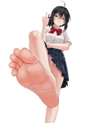 Rule 34 | 1girl, absurdres, ahoge, black hair, black skirt, bow, breasts, brown eyes, closed mouth, collared shirt, commentary request, feet, foot focus, foot out of frame, frown, hair between eyes, hair ribbon, highres, kimi no na wa., middle finger, miyamizu mitsuha, no shoes, panties, pleated skirt, red bow, ribbon, shirt, short hair, short sleeves, simple background, skirt, small breasts, soles, solo, standing, standing on one leg, toenails, toes, underwear, white background, white panties, xo (xo17800108)