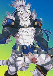 Rule 34 | 1boy, abs, animal ears, bara, body fur, chest hair, erection, feet out of frame, furry, furry male, grey fur, highres, male focus, male pubic hair, muscular, muscular male, navel, navel hair, nimbus (world flipper), nipples, no male underwear, orange eyes, pectorals, penis, pubic hair, shirako (kirupi), shrug (clothing), sidepec, snout, solo, stomach, thick thighs, thighs, tiger boy, tiger ears, uncensored, veins, veiny penis, white fur, world flipper