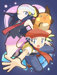 Rule 34 | 1boy, 1girl, :3, :d, backpack, bag, bare shoulders, beret, black shirt, blue eyes, blue hair, blue pants, boots, breasts, cafe (chuu no ouchi), creatures (company), dawn (pokemon), game freak, gen 1 pokemon, hair ornament, hat, long hair, lucas (pokemon), miniskirt, nintendo, no pupils, o o, one eye closed, open mouth, outstretched arm, pants, pink footwear, pink skirt, poke ball theme, pokemon, pokemon (creature), pokemon dppt, raichu, red footwear, red hat, red scarf, scarf, shirt, shoes, short hair, short sleeves, skirt, small breasts, smile, straight hair, tank top, tongue, white hat