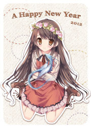 Rule 34 | 10s, 1girl, 2012, blush, boots, braid, brown eyes, brown hair, character request, dragon, dress, eastern dragon, flower, head wreath, holding, kimishima ao, long hair, looking at viewer, new year, ribbon, sitting, smile, solo, twin braids, very long hair, wariza