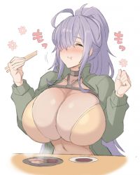 Rule 34 | 1girl, :t, abarano, ahoge, blush, breasts, chest strap, chewing, chopsticks, closed eyes, commentary request, eating, food, foodgasm, gnome (last origin), green jacket, hair over one eye, high ponytail, holding, holding chopsticks, huge breasts, jacket, last origin, leotard, plate, table, yellow leotard